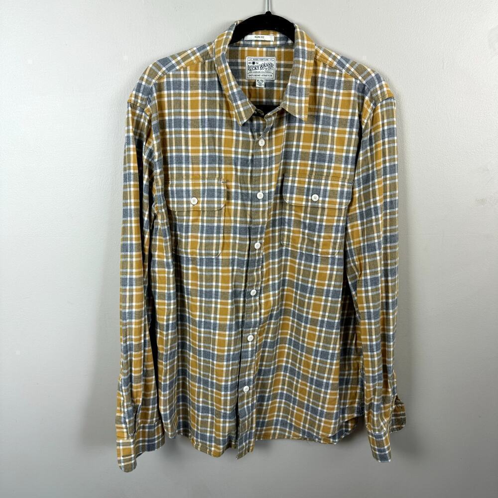 Lucky Brand Men's Grey & Yellow Flannel Button Up Shirt XL